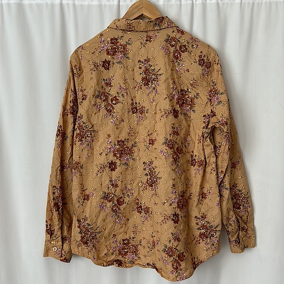 Lemon Grass Golden Tan Embroidered Floral Long Sleeve Shirt Top **Sz XL** 🌸🌸 - Picture 2 of 5